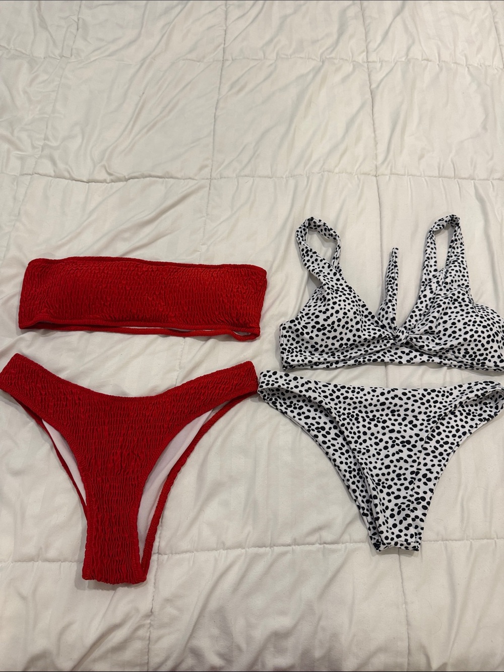 Red Bandeau Bikini Set & Black White Dotted Bikini Bottoms - Women Swim Bikinis